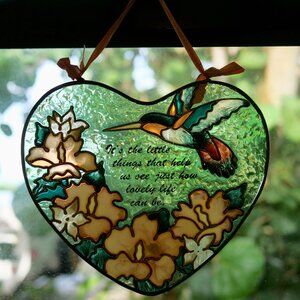 Vintage HUMMINGBIRD Stained Glass Heart Sun Catcher Hanging Window Ornament EUC